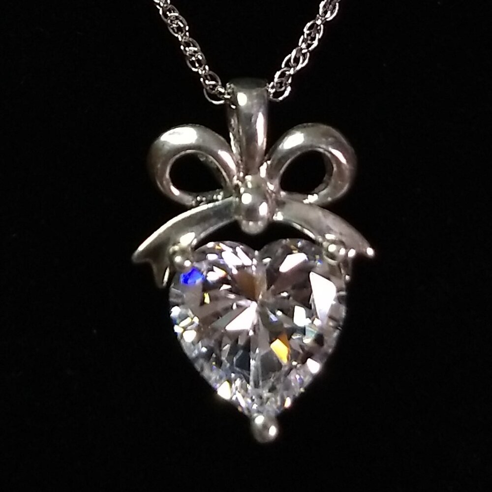 Sterling Heart Shaped Faceted Stone Bow Pendant Necklace Balletcore Soft Girl